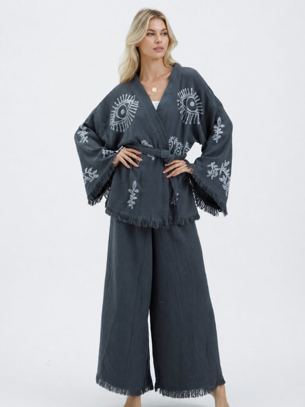 Grey 100% Cotton Evil Eye Kimono Pant Set One Size